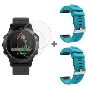 For Garmin Fenix 5 2pcs Silicone Watch Band with 2pcs Tempered Glass Film(Official Blue)