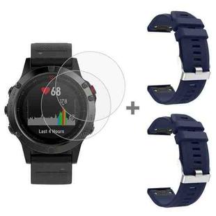 For Garmin Fenix 5 2pcs Silicone Watch Band with 2pcs Tempered Glass Film(Navy Blue)