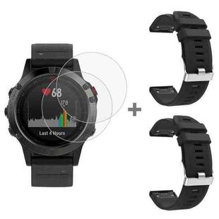 For Garmin Fenix 5 2pcs Silicone Watch Band with 2pcs Tempered Glass Film(Black)