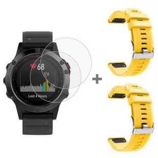 For Garmin Fenix 5 2pcs Silicone Watch Band with 2pcs Tempered Glass Film(Yellow)