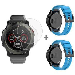 For Garmin Fenix 5X 26mm 2pcs Quick Removable Silicone Watch Band with 2pcs Tempered Glass Film(Sky Blue)
