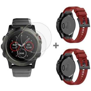 For Garmin Fenix 5X 26mm 2pcs Quick Removable Silicone Watch Band with 2pcs Tempered Glass Film(Red)