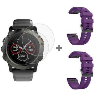 For Garmin Fenix 5X 26mm 2pcs Quick Removable Silicone Watch Band with 2pcs Tempered Glass Film(Purple)