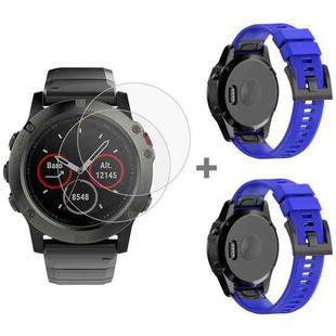 For Garmin Fenix 5X 26mm 2pcs Quick Removable Silicone Watch Band with 2pcs Tempered Glass Film(Blue)