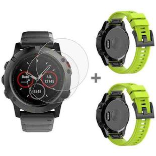 For Garmin Fenix 5X 26mm 2pcs Quick Removable Silicone Watch Band with 2pcs Tempered Glass Film(Green)