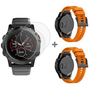 For Garmin Fenix 5X 26mm 2pcs Quick Removable Silicone Watch Band with 2pcs Tempered Glass Film(Orange)