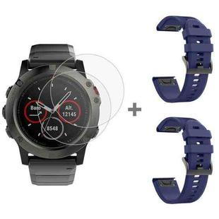 For Garmin Fenix 5X 26mm 2pcs Quick Removable Silicone Watch Band with 2pcs Tempered Glass Film(Dark Blue)