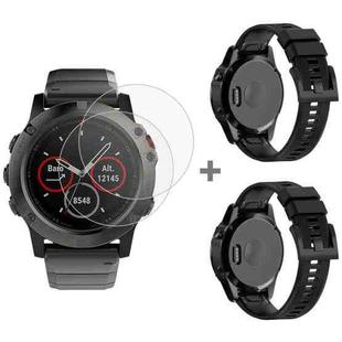 For Garmin Fenix 5X 26mm 2pcs Quick Removable Silicone Watch Band with 2pcs Tempered Glass Film(Black)