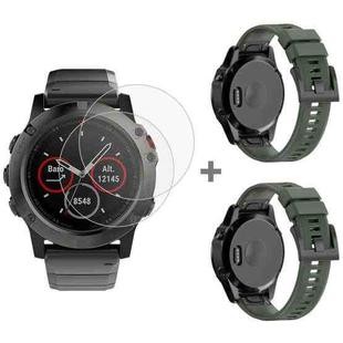 For Garmin Fenix 5X 26mm 2pcs Quick Removable Silicone Watch Band with 2pcs Tempered Glass Film(Army Green)