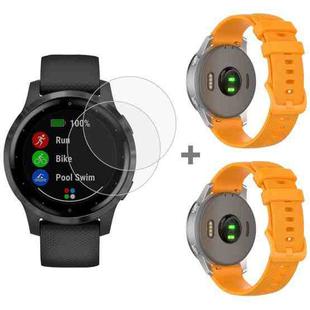 For Garmin Vivoactive 4S 2pcs Small Plaid Silicone Watch Band with 2pcs Tempered Glass Film(Orange)