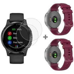 For Garmin Vivoactive 4S 2pcs Small Plaid Silicone Watch Band with 2pcs Tempered Glass Film(Wine Red)
