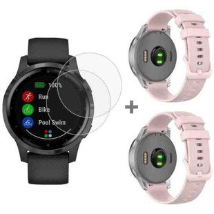 For Garmin Vivoactive 4S 2pcs Small Plaid Silicone Watch Band with 2pcs Tempered Glass Film(Rose Pink)