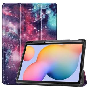 For Galaxy S6 Lite / P610 / P615 Colored Drawing Three-folding Horizontal Flip PU Leather PC Back Cover Case with Sleep / Wake-up Function & Holder & Pen Slot(Milky Way Nebula)