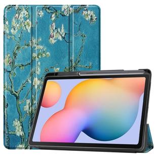 For Galaxy S6 Lite / P610 / P615 Colored Drawing Three-folding Horizontal Flip PU Leather PC Back Cover Case with Sleep / Wake-up Function & Holder & Pen Slot(Apricot Blossom)