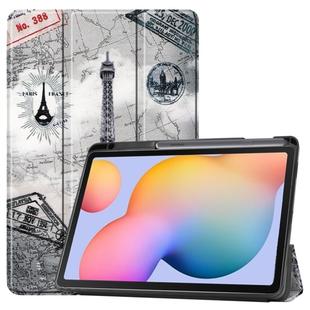 For Galaxy S6 Lite / P610 / P615 Colored Drawing Three-folding Horizontal Flip PU Leather PC Back Cover Case with Sleep / Wake-up Function & Holder & Pen Slot(Eiffel Tower)