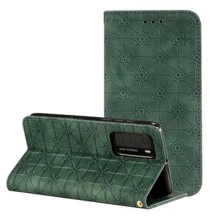 For Huawei P40 Lucky Flowers Embossing Pattern Magnetic Horizontal Flip Leather Case with Holder & Card Slots(Dark Green)