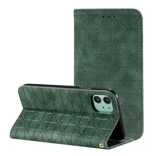 For iPhone 11 Lucky Flowers Embossing Pattern Magnetic Horizontal Flip Leather Case with Holder & Card Slots(Dark Green)