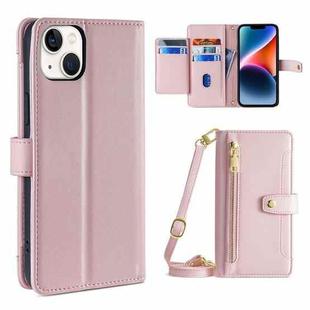 For iPhone 14 Sheep Texture Cross-body Zipper Wallet Leather Phone Case(Pink)