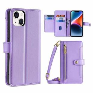 For iPhone 14 Sheep Texture Cross-body Zipper Wallet Leather Phone Case(Purple)