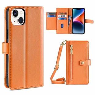For iPhone 14 Plus Sheep Texture Cross-body Zipper Wallet Leather Phone Case(Orange)