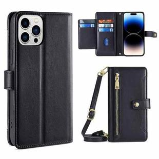 For iPhone 14 Pro Sheep Texture Cross-body Zipper Wallet Leather Phone Case(Black)