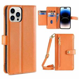 For iPhone 14 Pro Sheep Texture Cross-body Zipper Wallet Leather Phone Case(Orange)