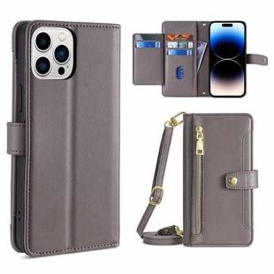 For iPhone 14 Pro Sheep Texture Cross-body Zipper Wallet Leather Phone Case(Grey)