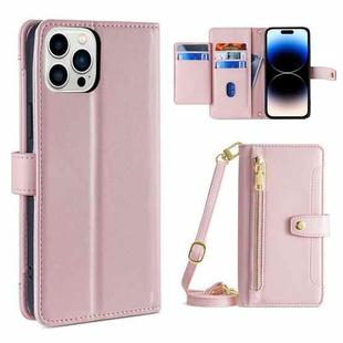 For iPhone 14 Pro Sheep Texture Cross-body Zipper Wallet Leather Phone Case(Pink)