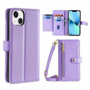 For iPhone 13 Sheep Texture Cross-body Zipper Wallet Leather Phone Case(Purple)
