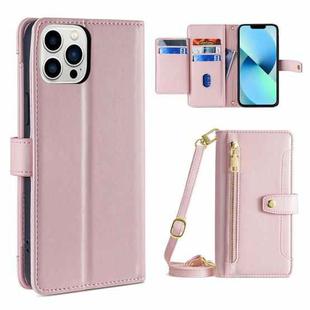 For iPhone 13 Pro Max Sheep Texture Cross-body Zipper Wallet Leather Phone Case(Pink)