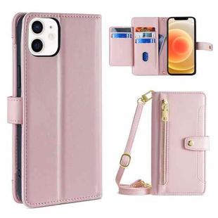 For iPhone 12 / 12 Pro Sheep Texture Cross-body Zipper Wallet Leather Phone Case(Pink)