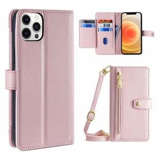 For iPhone 12 Pro Max Sheep Texture Cross-body Zipper Wallet Leather Phone Case(Pink)