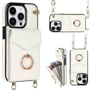 For iPhone 14 Ring Holder RFID Card Slot Phone Case with Long Lanyard(Beige)