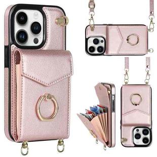 For iPhone 14 Plus Ring Holder RFID Card Slot Phone Case with Long Lanyard(Rose Gold)