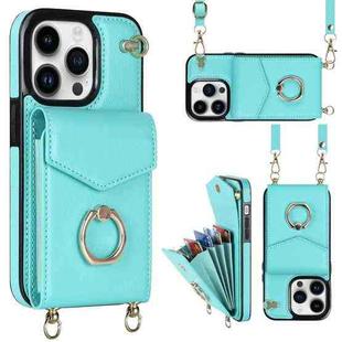 For iPhone 14 Plus Ring Holder RFID Card Slot Phone Case with Long Lanyard(Mint Green)