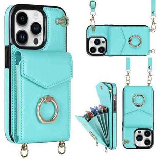 For iPhone 14 Pro Max Ring Holder RFID Card Slot Phone Case with Long Lanyard(Mint Green)