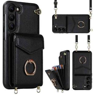 For Samsung Galaxy S22 5G Ring Holder RFID Card Slot Phone Case with Long Lanyard(Black)