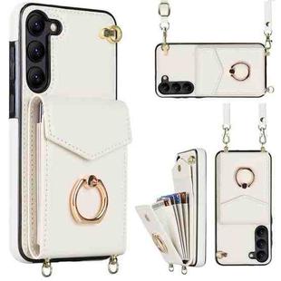 For Samsung Galaxy S22+ 5G Ring Holder RFID Card Slot Phone Case with Long Lanyard(Beige)