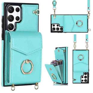For Samsung Galaxy S22 Ultra 5G Ring Holder RFID Card Slot Phone Case with Long Lanyard(Mint Green)