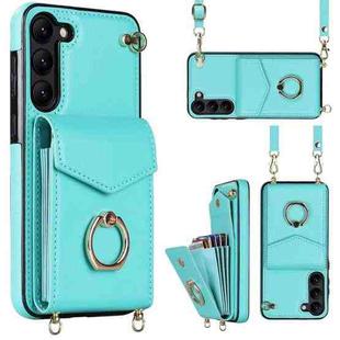 For Samsung Galaxy S23 5G Ring Holder RFID Card Slot Phone Case with Long Lanyard(Mint Green)