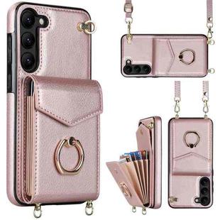 For Samsung Galaxy S23+ 5G Ring Holder RFID Card Slot Phone Case with Long Lanyard(Rose Gold)