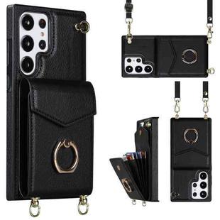 For Samsung Galaxy S23 Ultra 5G Ring Holder RFID Card Slot Phone Case with Long Lanyard(Black)