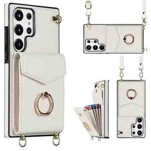 For Samsung Galaxy S23 Ultra 5G Ring Holder RFID Card Slot Phone Case with Long Lanyard(Beige)
