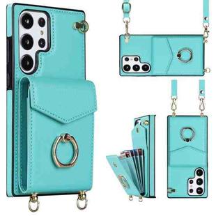 For Samsung Galaxy S23 Ultra 5G Ring Holder RFID Card Slot Phone Case with Long Lanyard(Mint Green)