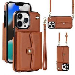 For iPhone 13 Pro RFID Card Slot Phone Case with Long Lanyard(Brown)