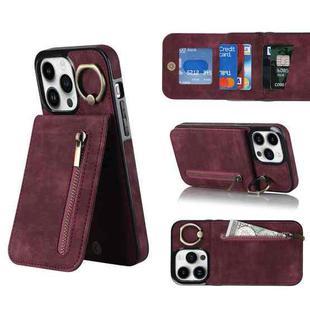 For iPhone 14 Retro Ring and Zipper RFID Card Slot Phone Case(Wine Red)