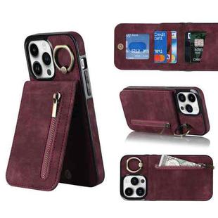 For iPhone 14 Plus Retro Ring and Zipper RFID Card Slot Phone Case(Wine Red)