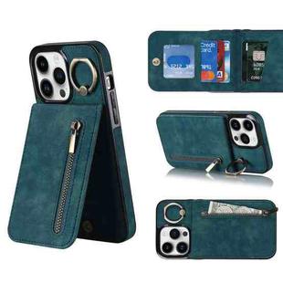 For iPhone 14 Plus Retro Ring and Zipper RFID Card Slot Phone Case(Blue)