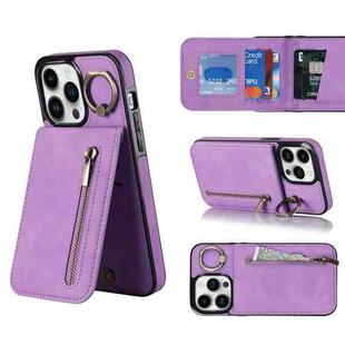 For iPhone 14 Pro Retro Ring and Zipper RFID Card Slot Phone Case(Purple)