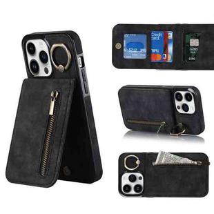 For iPhone 14 Pro Max Retro Ring and Zipper RFID Card Slot Phone Case(Black)